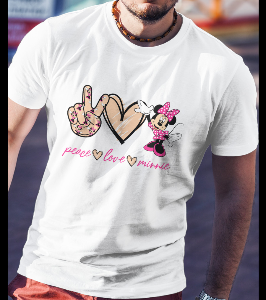 Peace Love Minnie Mouse Floral Pattern Pink Bow T-Shirt