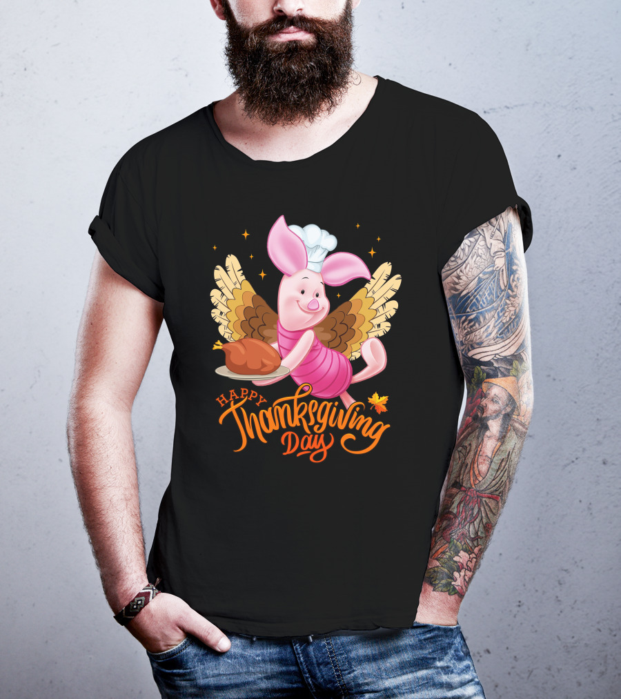Happy Thanksgiving Day Piglet Chef With Turkey And Wings T-Shirt