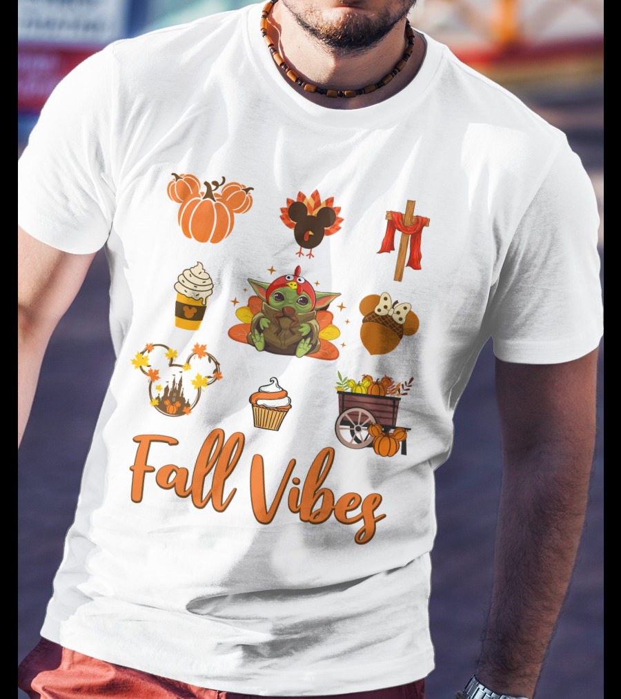 Fall Vibes Baby Yoda Pumpkin And Thanksgiving Elements T-Shirt