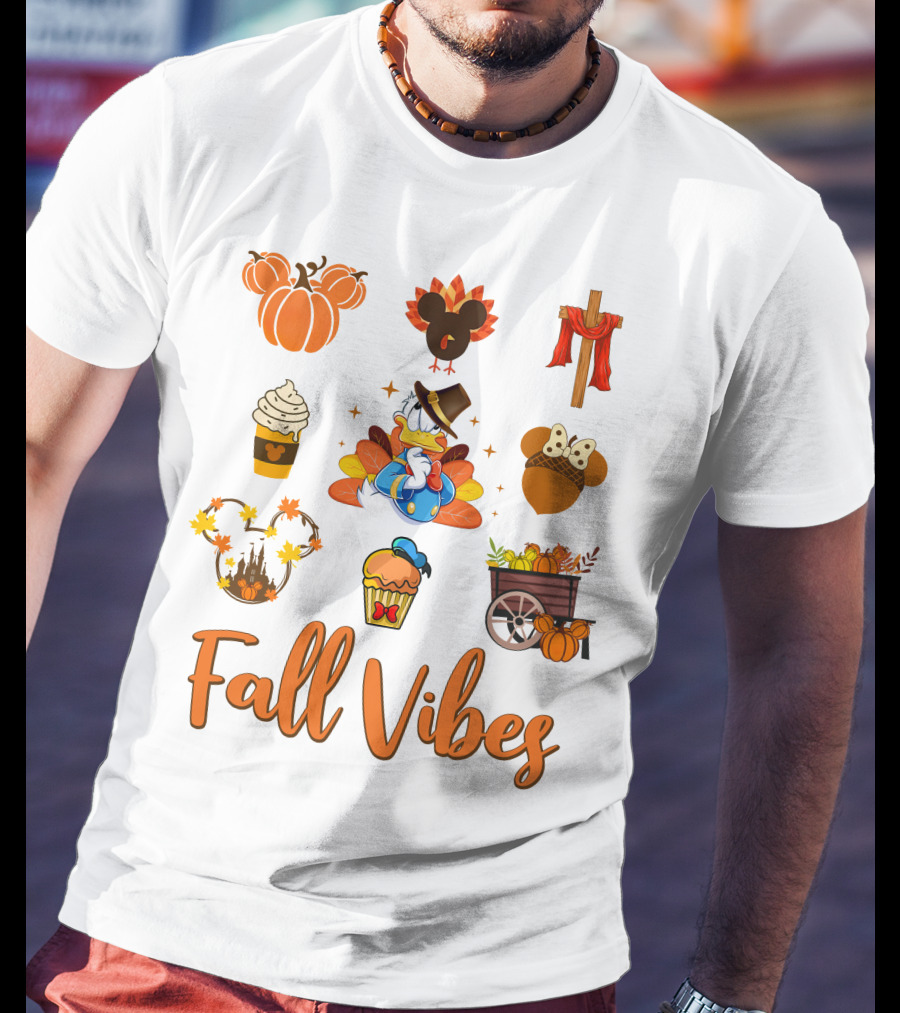 Fall Vibes Donald Thanksgiving Decorations Pumpkin Mickey Mouse Cupcake T-Shirt