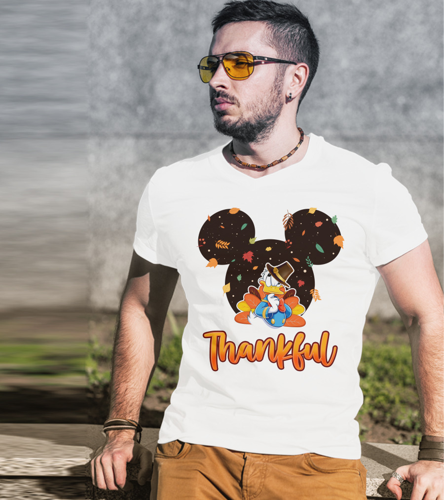 Thankful Donald Duck Mickey Ears Fall Leaves T-Shirt