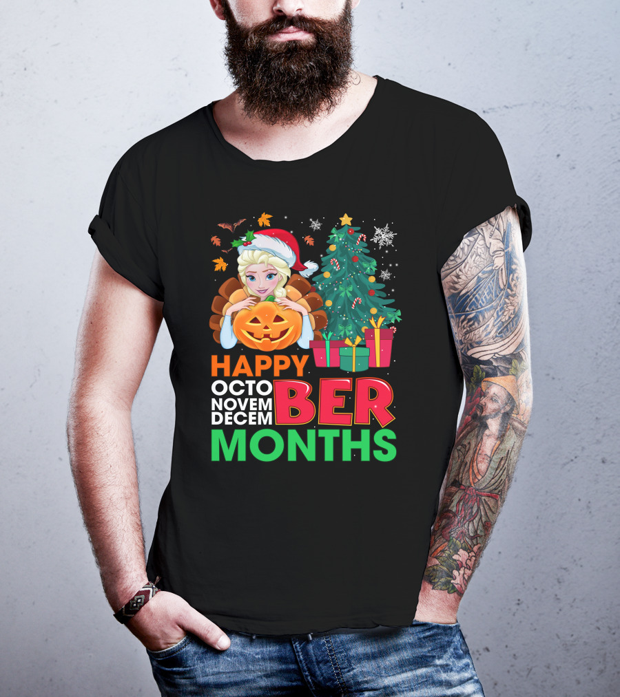 Happy Octo Novem Decem Ber Months Elsa Santa Hat Pumpkin Christmas Tree Presents T-Shirt
