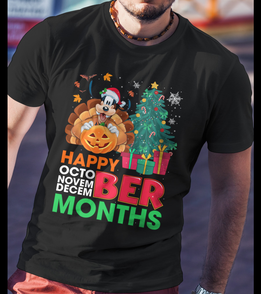 Happy Octo Novem Decem Ber Months Goofy Pumpkin Christmas Tree T-Shirt