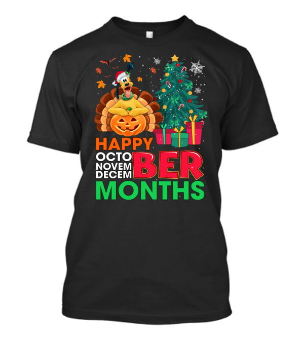 Happy Octo Novem Decem Ber Months Pluto Turkey Pumpkin Christmas Tree Presents T-Shirt