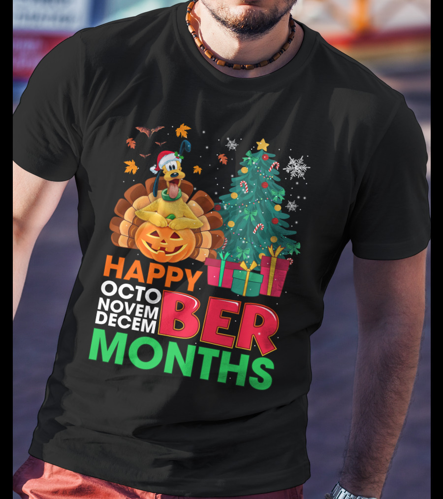 Happy Octo Novem Decem Ber Months Pluto Turkey Pumpkin Christmas Tree Presents T-Shirt