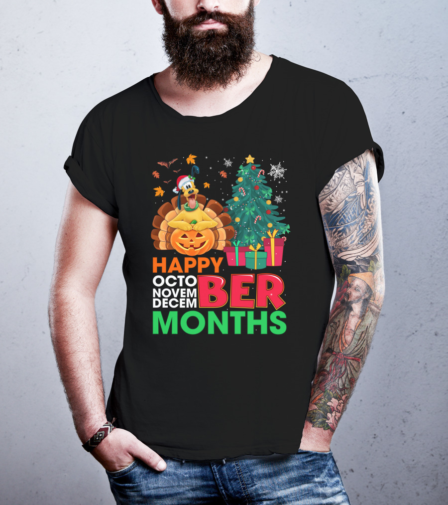 Happy Octo Novem Decem Ber Months Pluto Turkey Pumpkin Christmas Tree Presents T-Shirt
