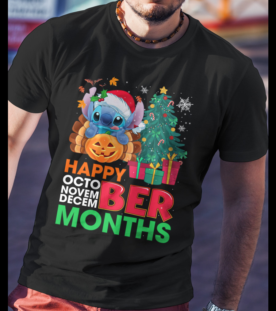 Happy Octo Novem Decem Ber Months Stitch Santa Hat Turkey Pumpkin Christmas Tree Presents T-Shirt