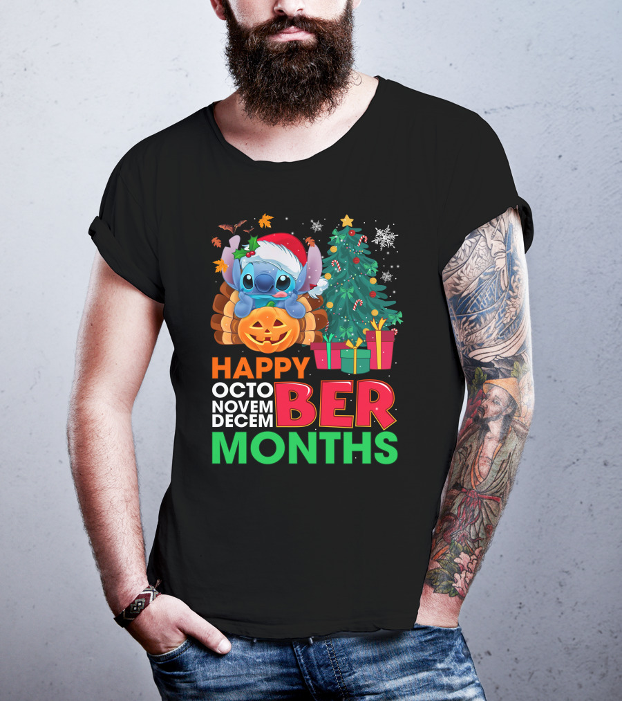 Happy Octo Novem Decem Ber Months Stitch Santa Hat Turkey Pumpkin Christmas Tree Presents T-Shirt