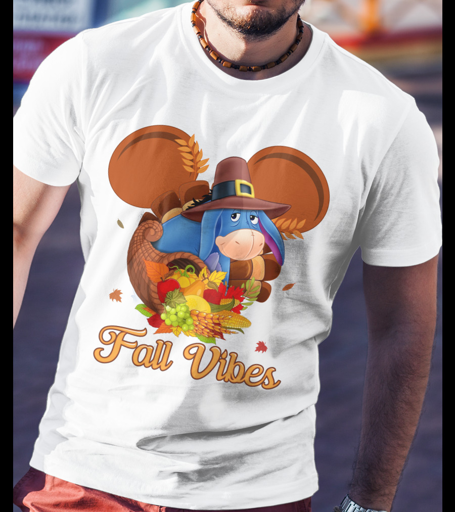 Eeyore Fall Vibes Cornucopia With Pilgrim Hat And Autumn Leaves T-Shirt