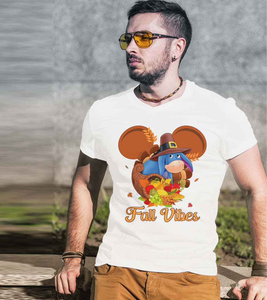 Eeyore Fall Vibes Cornucopia With Pilgrim Hat And Autumn Leaves T-Shirt