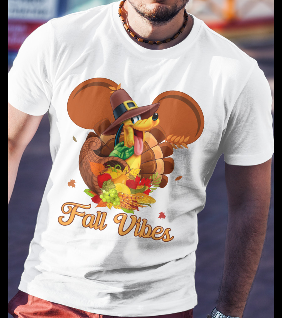 Pluto Fall Vibes Thanksgiving Cornucopia And Autumn Leaves T-Shirt