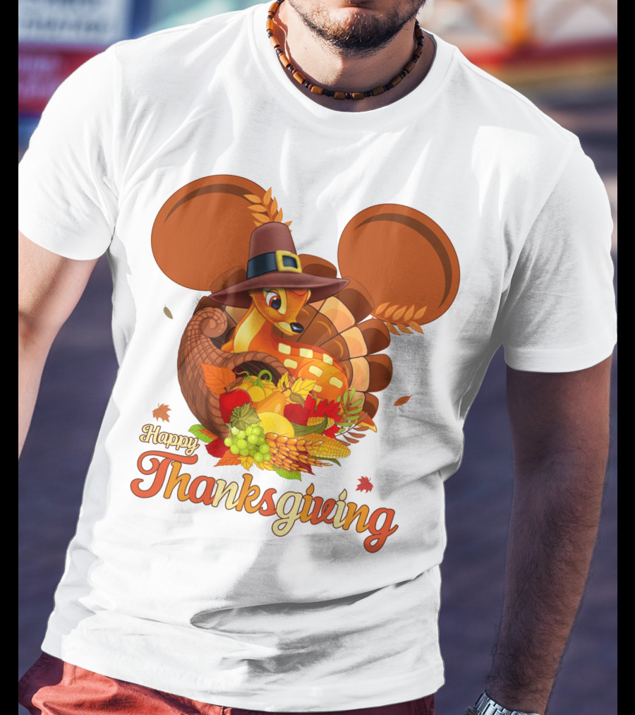 Happy Thanksgiving Bambi In Pilgrim Hat With Cornucopia And Mickey Ears T-Shirt