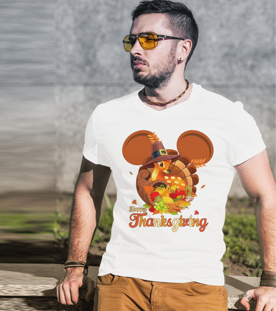 Happy Thanksgiving Bambi In Pilgrim Hat With Cornucopia And Mickey Ears T-Shirt