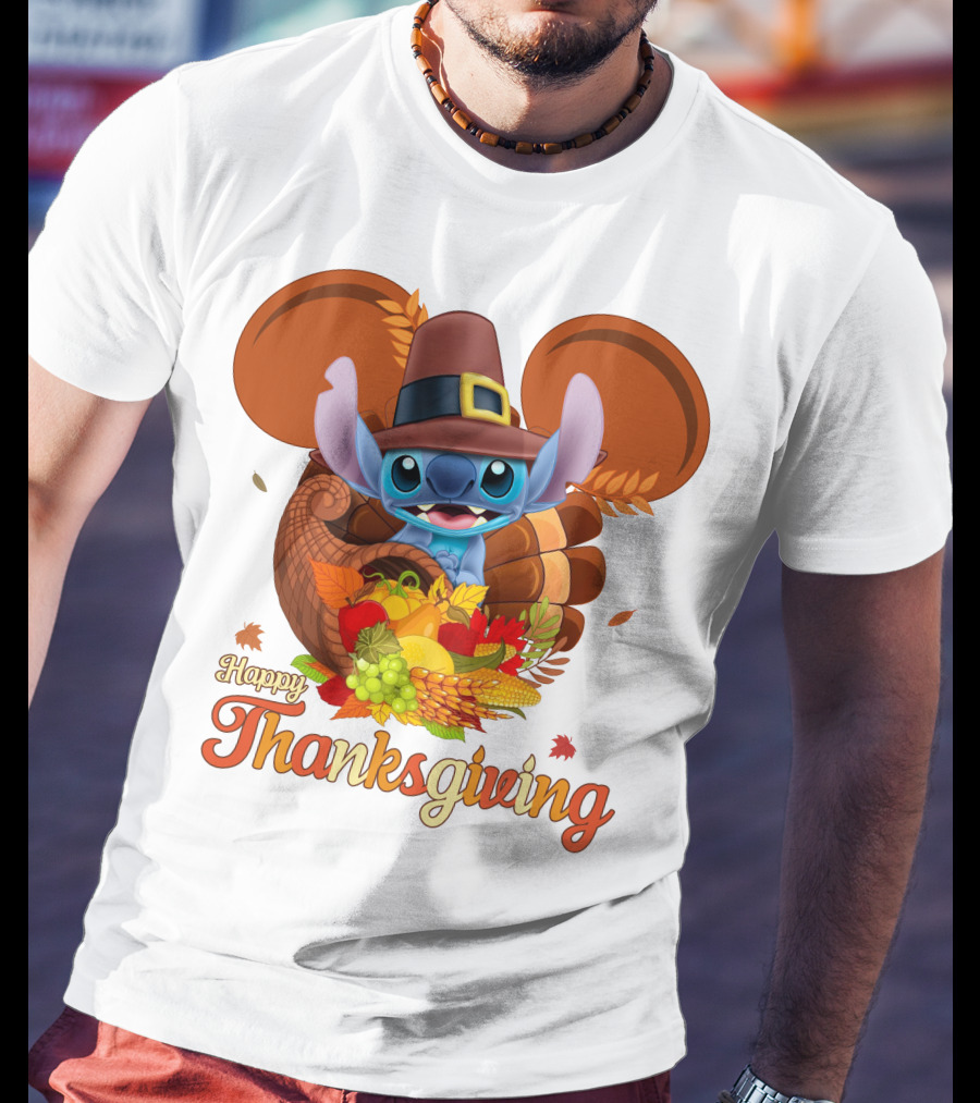 Stitch Happy Thanksgiving Cornucopia Pilgrim Hat T-Shirt