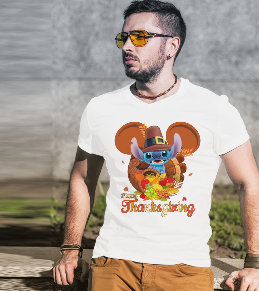Stitch Happy Thanksgiving Cornucopia Pilgrim Hat T-Shirt