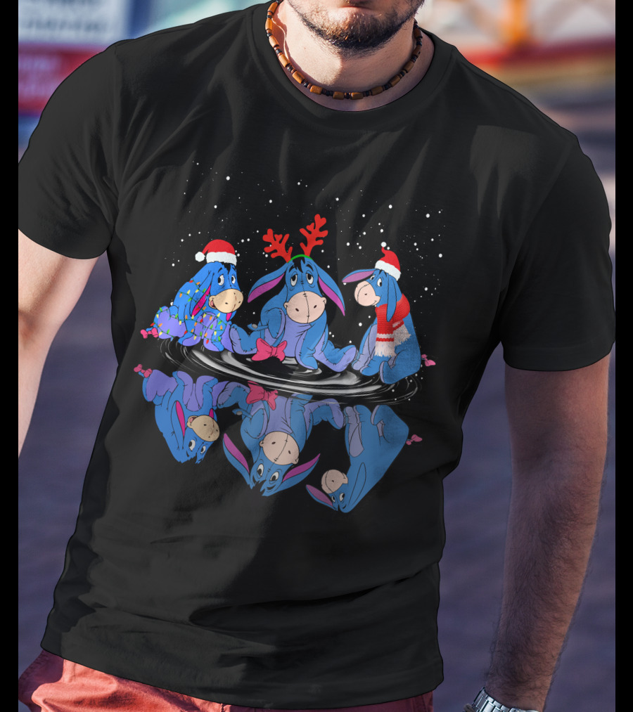 Eeyore Christmas Reflections With Santa Hats And Reindeer Antlers T-Shirt