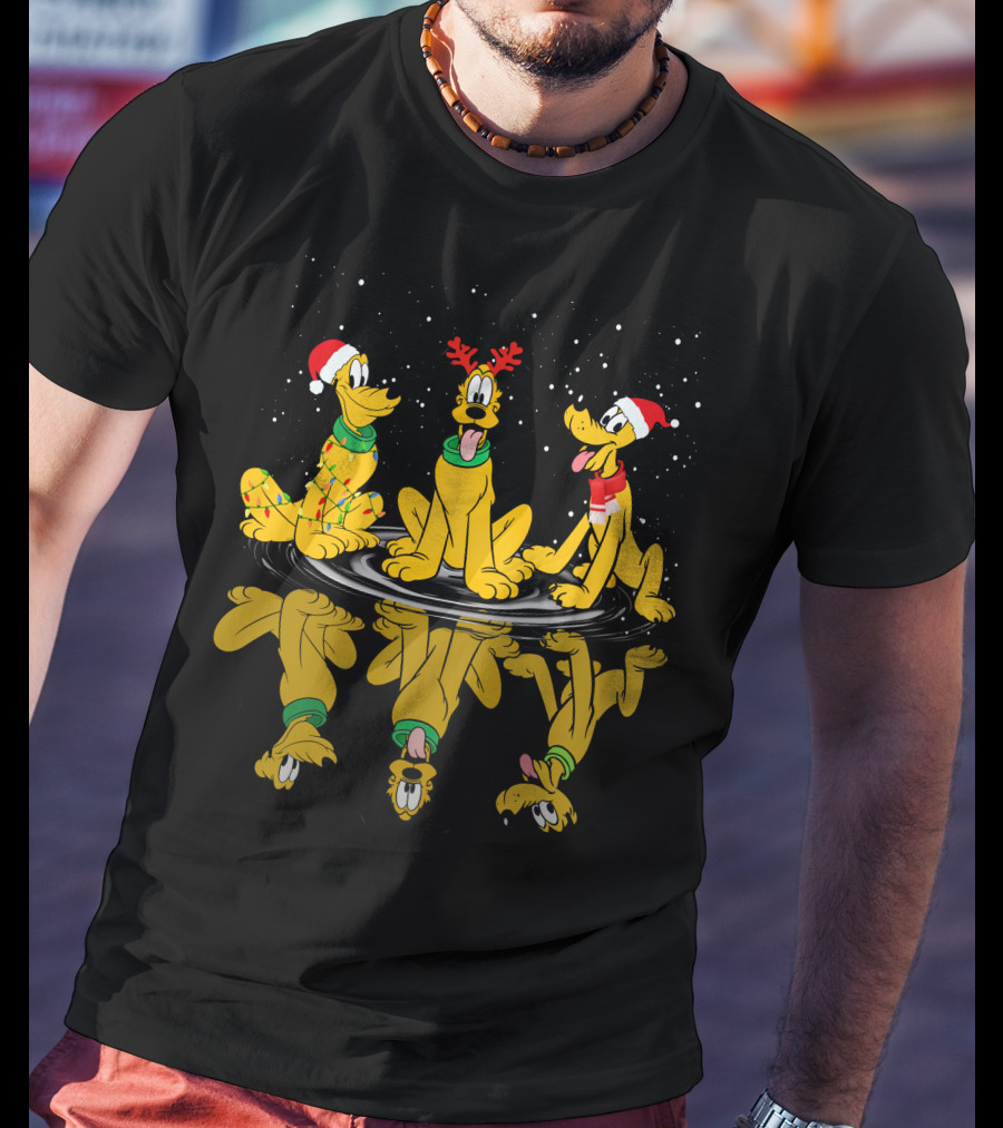 Pluto Christmas Reflections With Santa Hats And Antlers T-Shirt