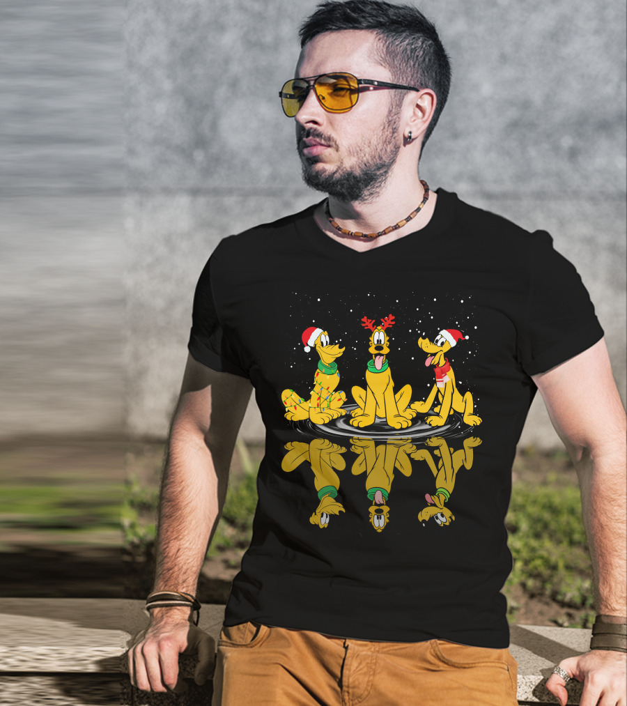 Pluto Christmas Reflections With Santa Hats And Antlers T-Shirt