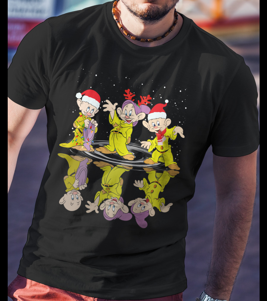 Dopey Christmas Reflections With Santa Hats And Reindeer Antlers T-Shirt