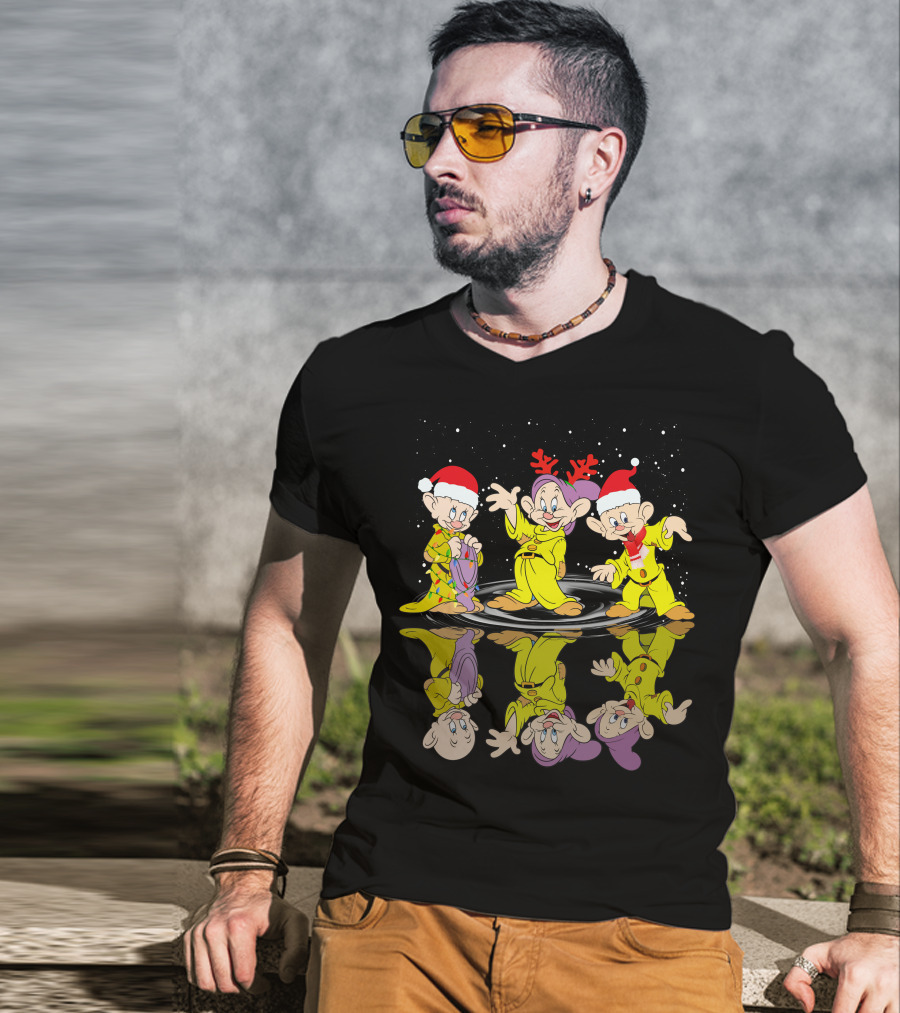 Dopey Christmas Reflections With Santa Hats And Reindeer Antlers T-Shirt