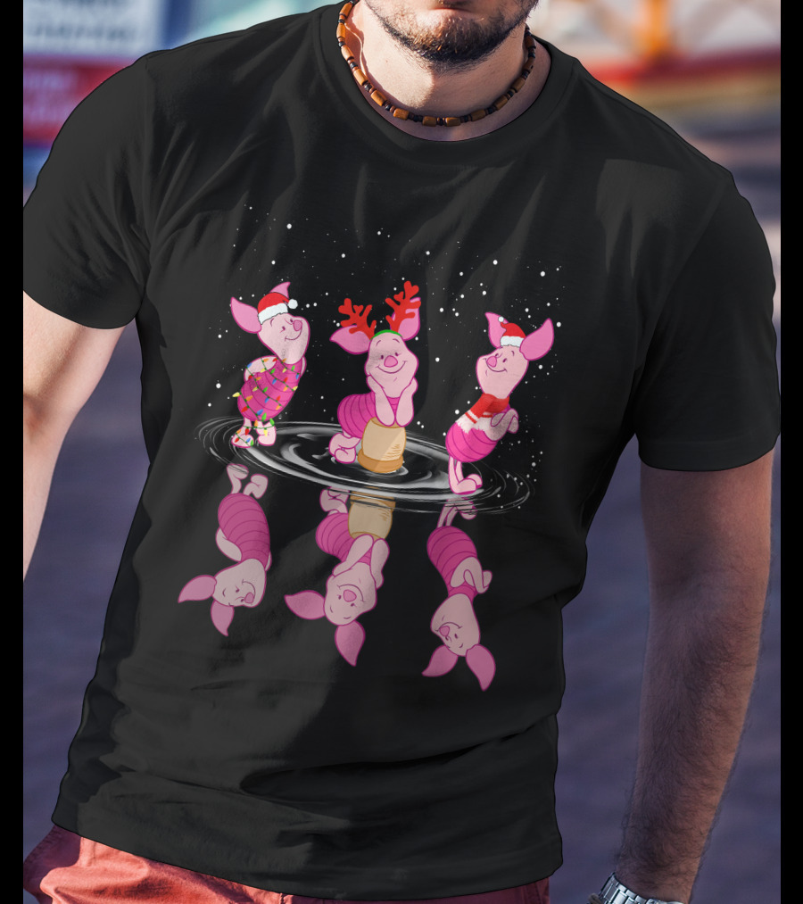 Piglet Christmas Festive Reflections With Santa Hats And Reindeer Antlers T-Shirt
