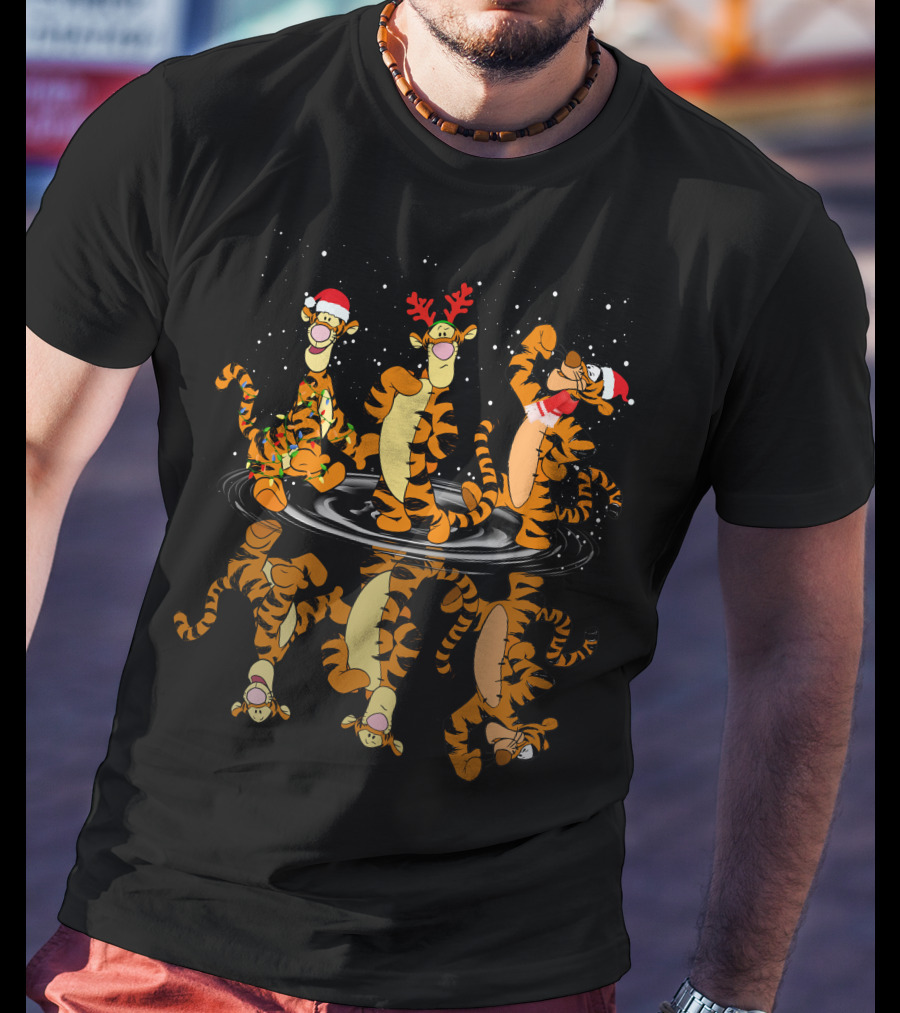 Tigger Christmas Santa And Reindeer Antlers Reflection T-Shirt