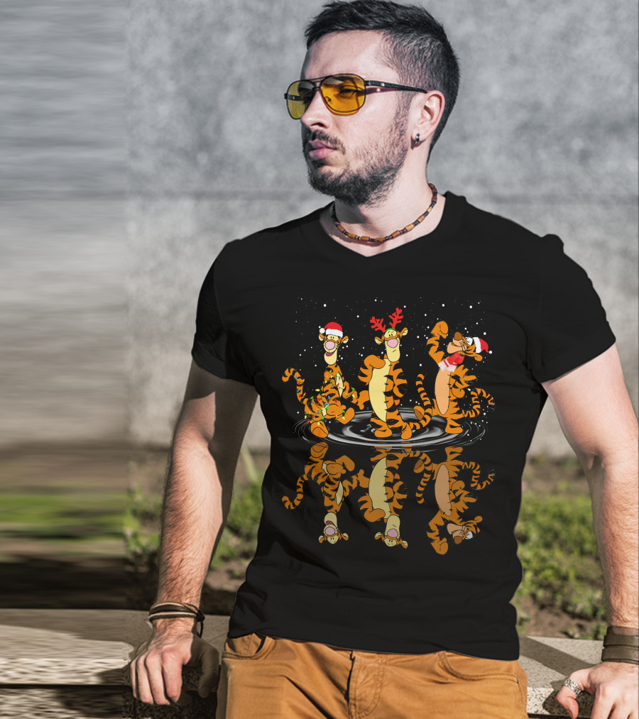 Tigger Christmas Santa And Reindeer Antlers Reflection T-Shirt