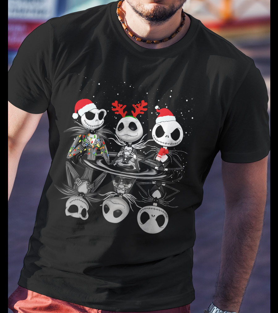 Jack Skellington Christmas Trio Santa Hats And Antlers Snow Scene T-Shirt