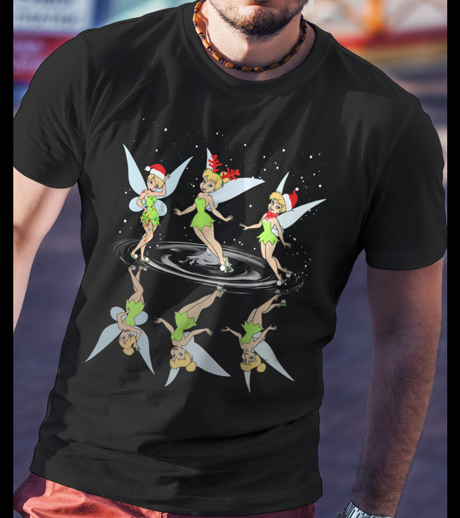 Tinkerbell Christmas Reflections Santa Hat And Antlers Holiday Theme T-Shirt