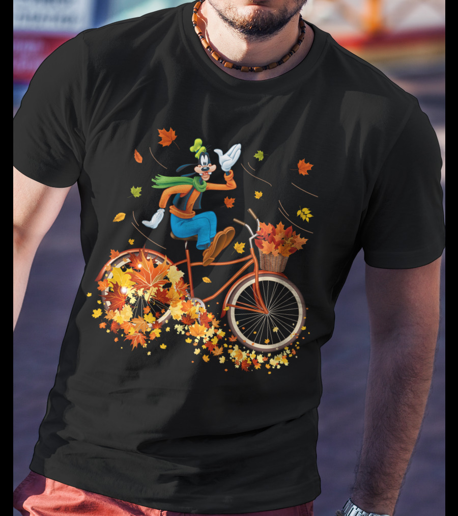Goofy Autumn Bicycle Ride With Falling Leaves T-Shirt