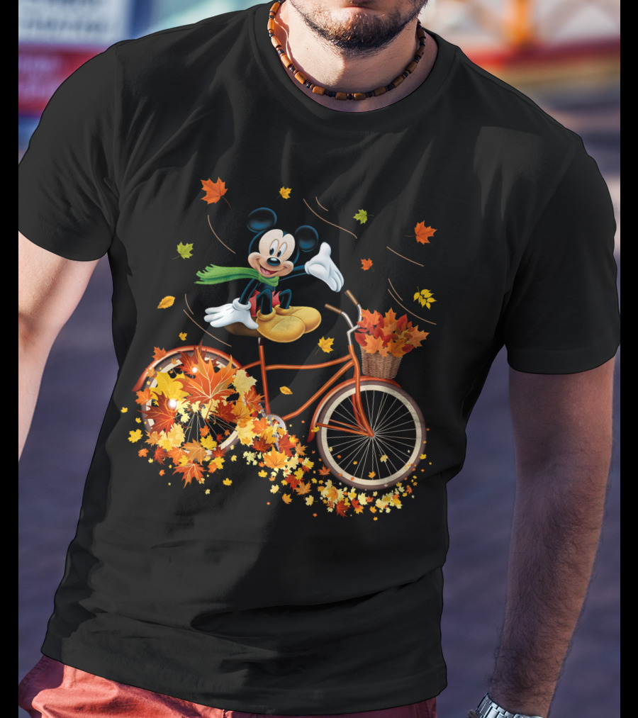 Mickey Mouse Autumn Leaves Bicycle Ride With Basket T-Shirt
