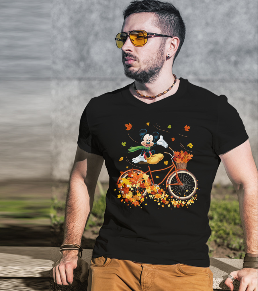 Mickey Mouse Autumn Leaves Bicycle Ride With Basket T-Shirt