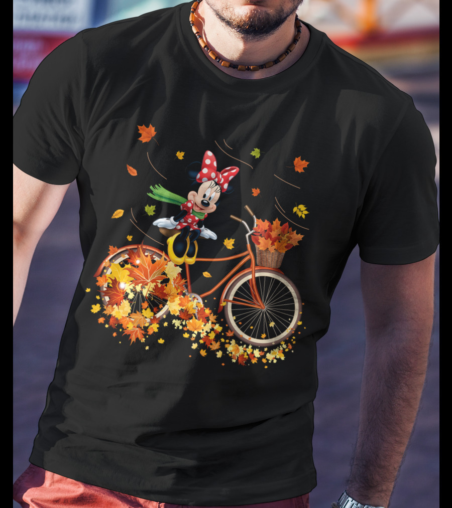 Minnie Mouse Autumn Bicycle Ride With Falling Leaves T-Shirt