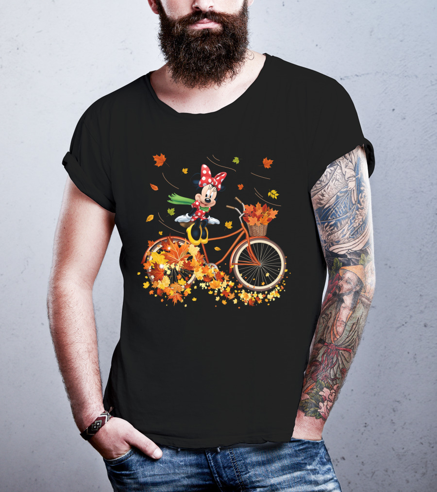 Minnie Mouse Autumn Bicycle Ride With Falling Leaves T-Shirt