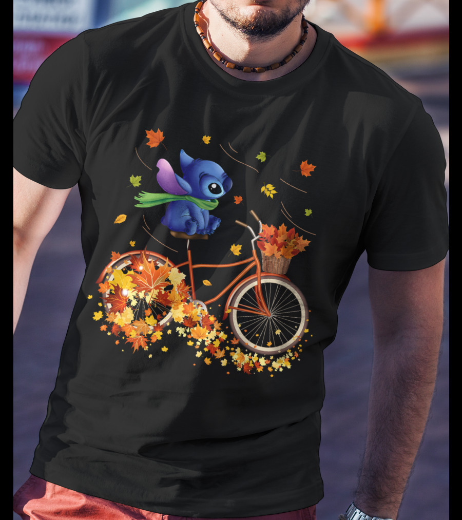 Stitch Autumn Bicycle Ride With Falling Leaves T-Shirt