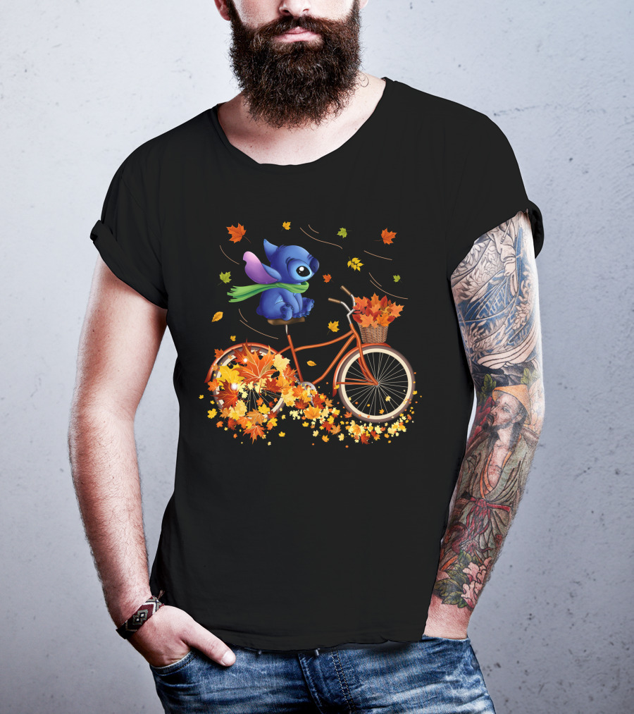 Stitch Autumn Bicycle Ride With Falling Leaves T-Shirt