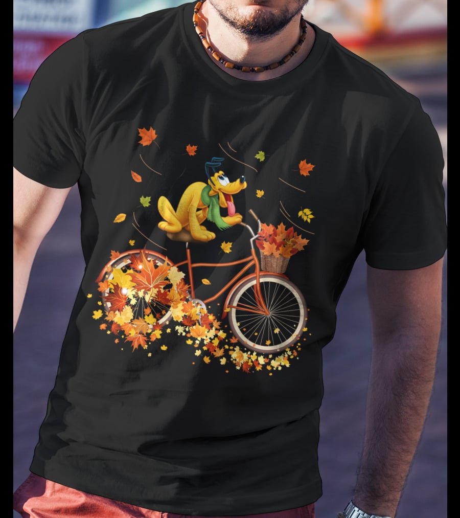 Pluto Autumn Bicycle Adventure With Falling Leaves T-Shirt
