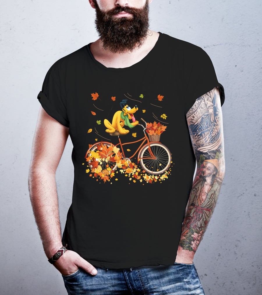Pluto Autumn Bicycle Adventure With Falling Leaves T-Shirt