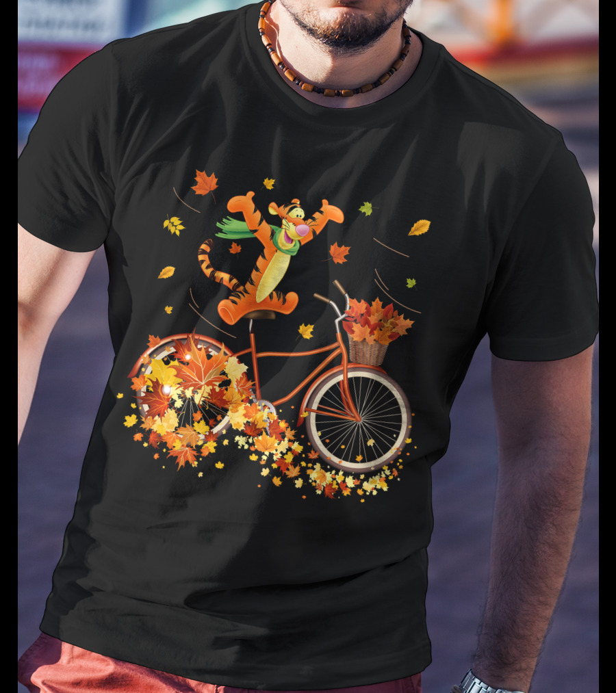 Tigger Autumn Bicycle Adventure With Falling Leaves T-Shirt