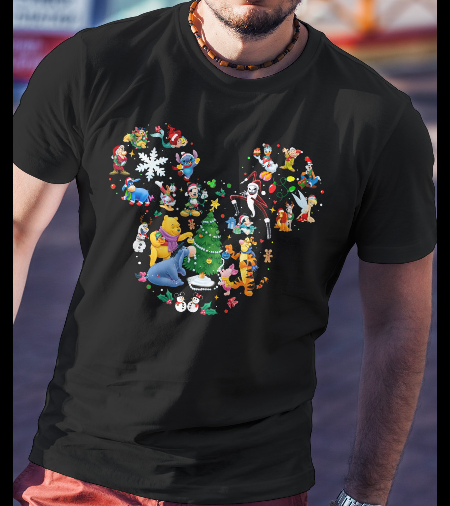 Disney Christmas Mickey Mouse Winnie The Pooh Tigger Stitch Olaf Jack Skellington Tinker Bell Ensemble T-Shirt