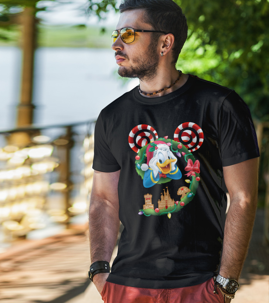 Donald Duck Christmas Wreath With Candy Cane Mickey Ears And Gingerbread Castle T-Shirt