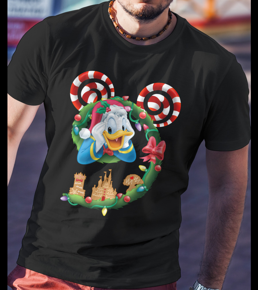 Donald Duck Christmas Wreath With Candy Cane Mickey Ears And Gingerbread Castle T-Shirt