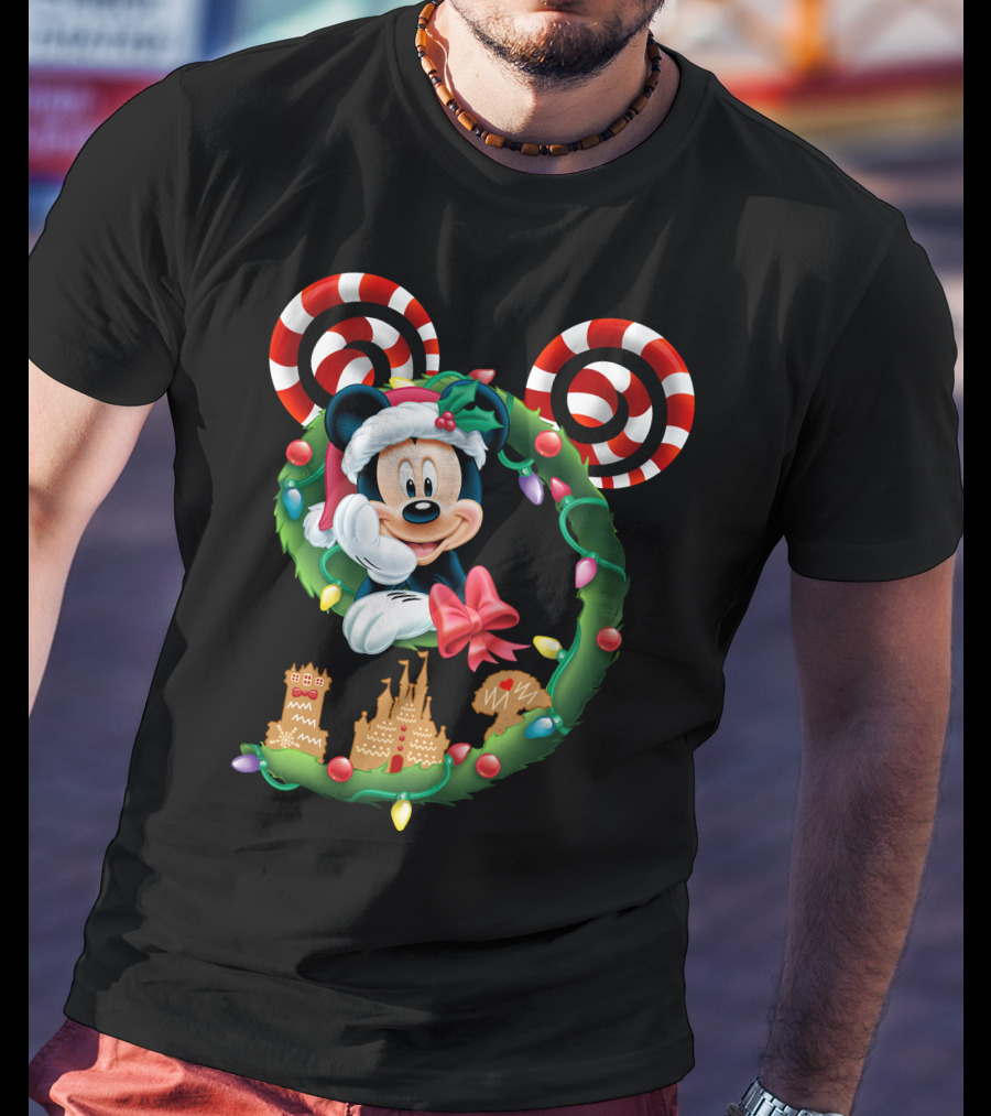 Mickey Mouse Christmas Holiday Wreath Candy Cane Ear Gingerbread House T-Shirt
