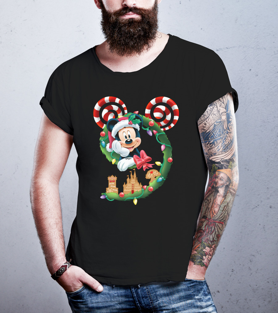 Mickey Mouse Christmas Holiday Wreath Candy Cane Ear Gingerbread House T-Shirt