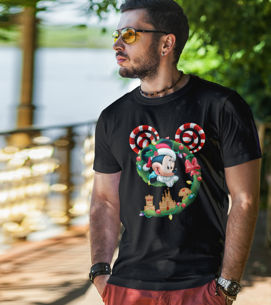 Minnie Mouse Christmas Wreath Candy Cane Ears Holiday Castle Lights T-Shirt