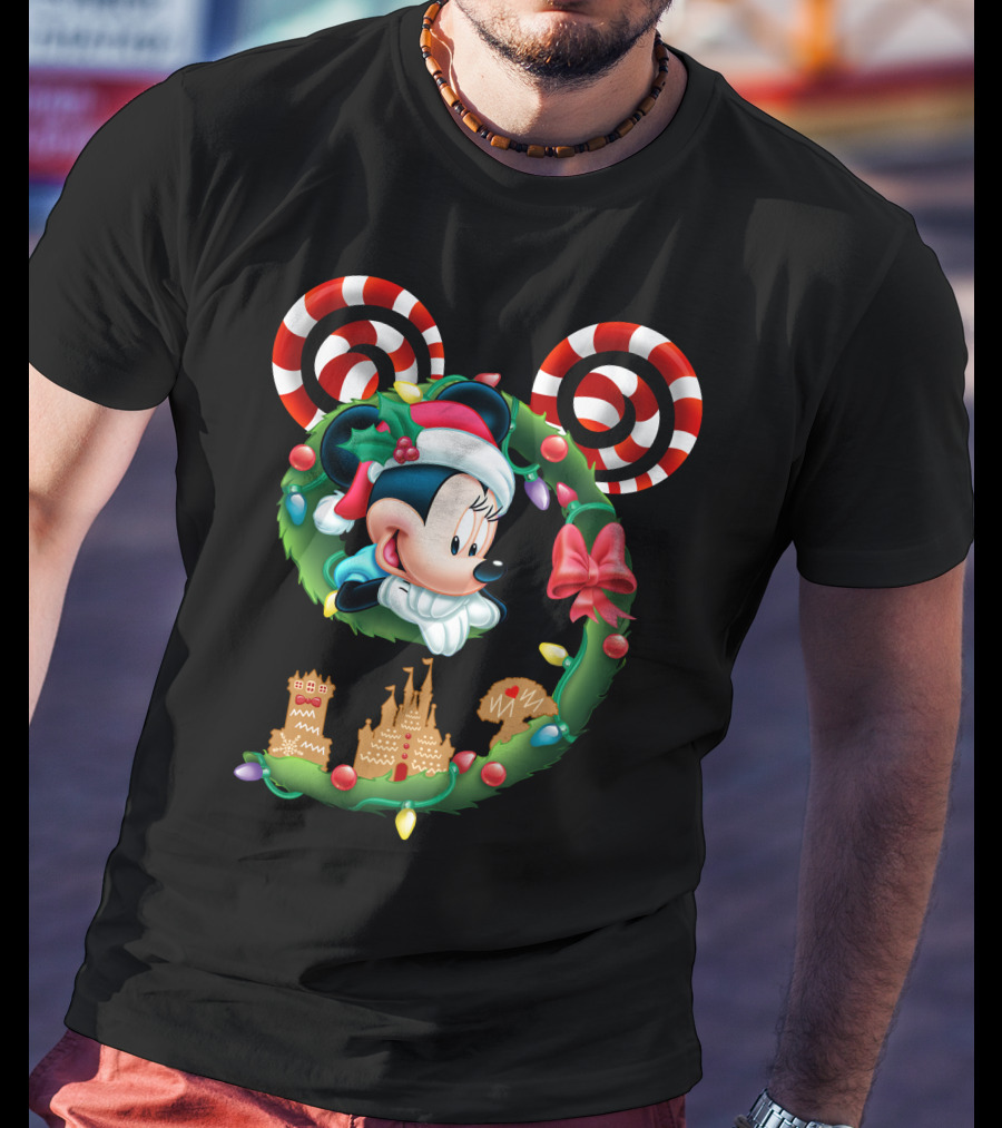 Minnie Mouse Christmas Wreath Candy Cane Ears Holiday Castle Lights T-Shirt