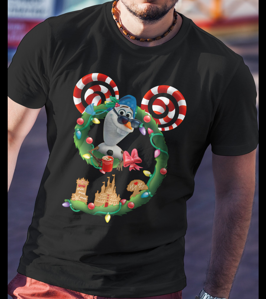 Olaf Holiday Wreath With Candy Cane Ears And Gingerbread Castles T-Shirt