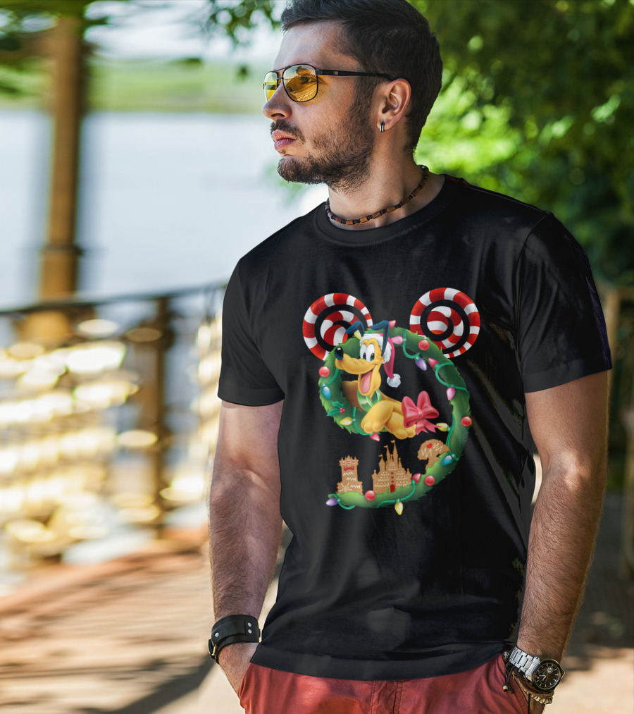 Pluto Holiday Wreath With Candy Canes And Gingerbread Castle T-Shirt