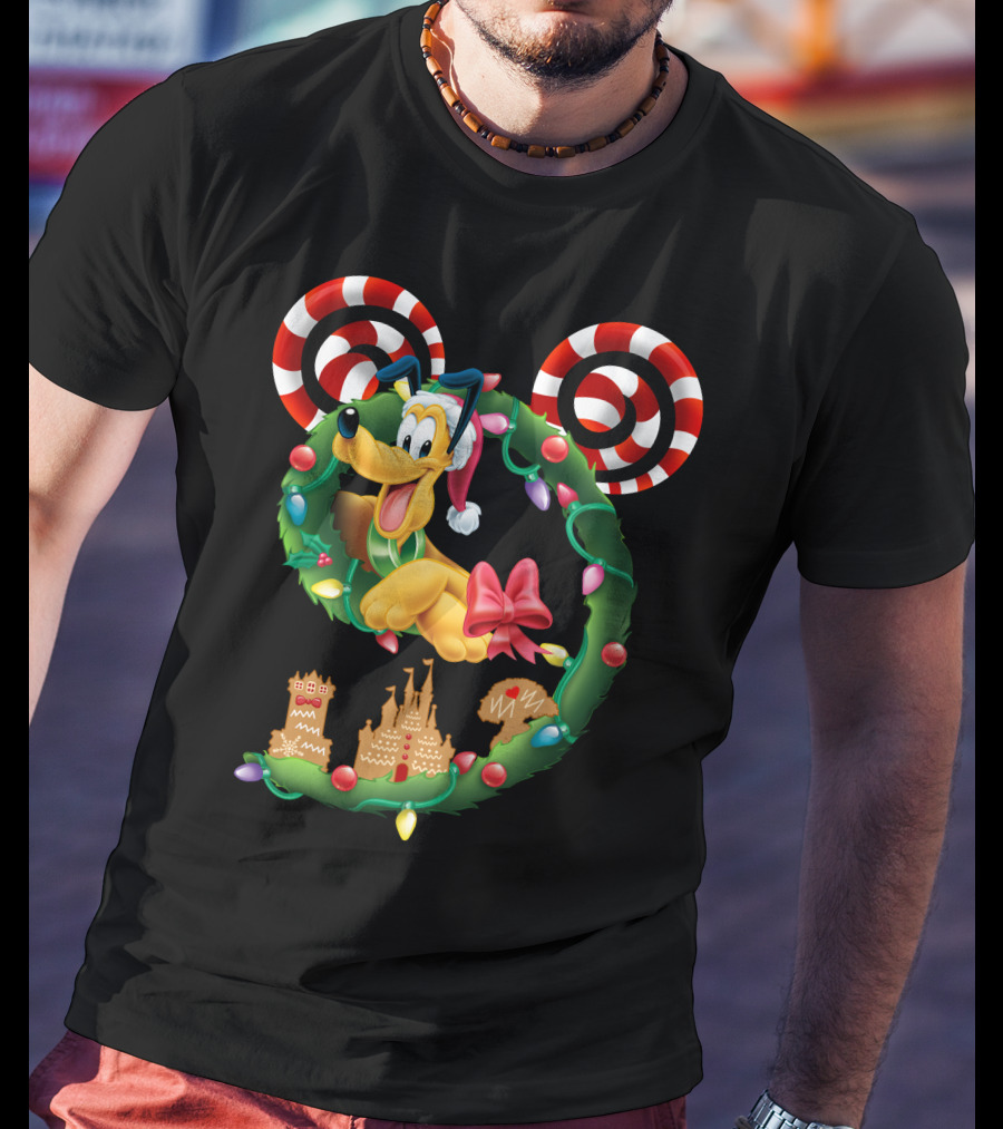 Pluto Holiday Wreath With Candy Canes And Gingerbread Castle T-Shirt