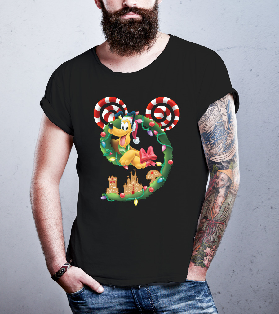 Pluto Holiday Wreath With Candy Canes And Gingerbread Castle T-Shirt